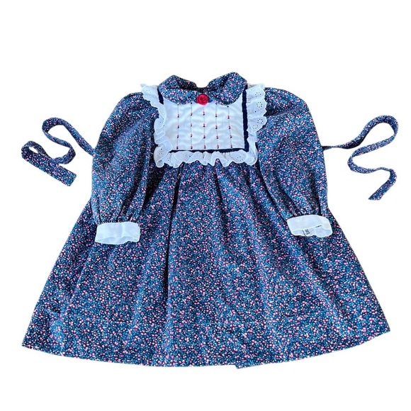 Vtg Polly Flinders Floral Long Sleeve Dress Rosette Smocking Eyelet Lace Sash 3T - Picture 3 of 13